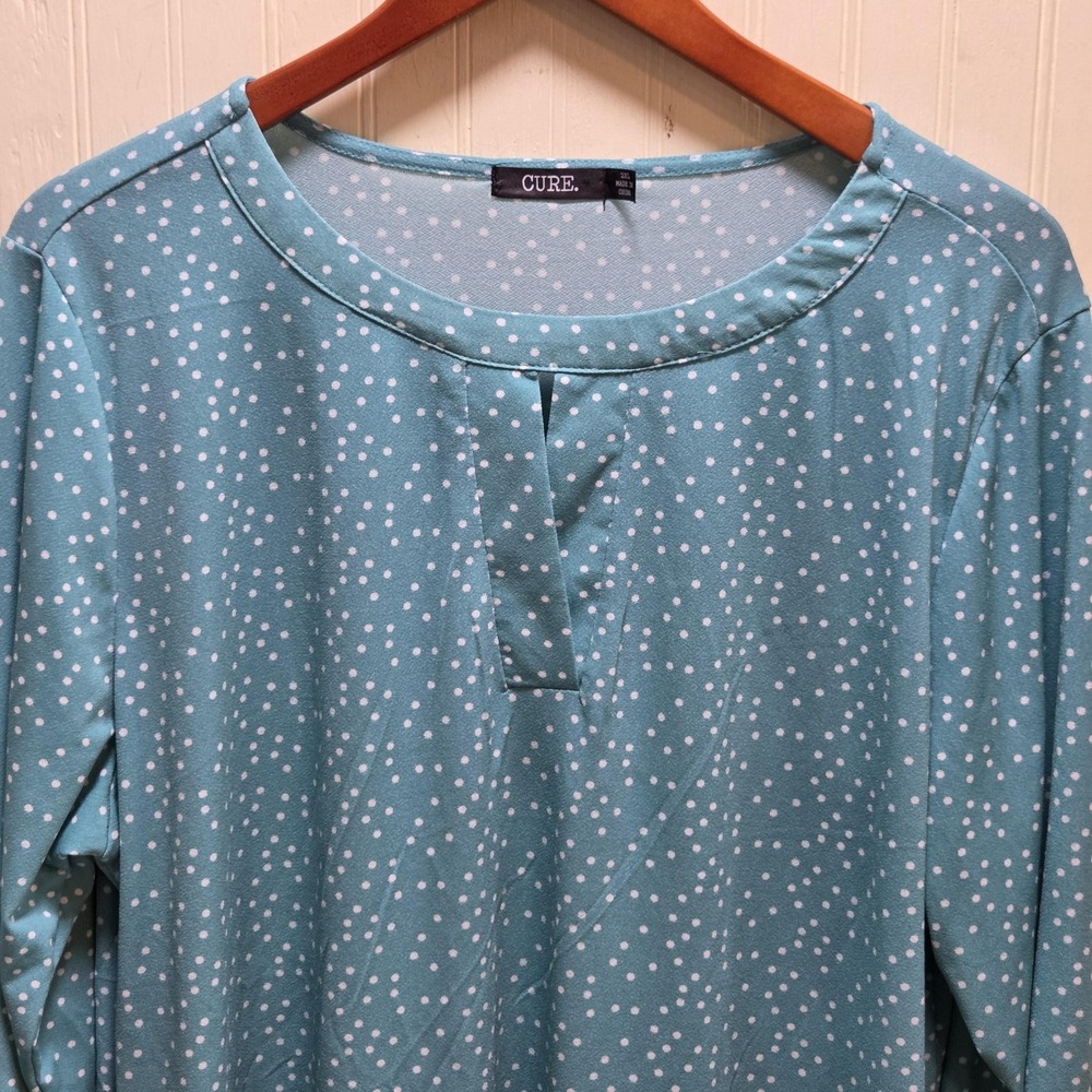 CURE. Blouse Womens 2XL Blue Polka Dot Scoop Neck Long Sleeve Tunic Top